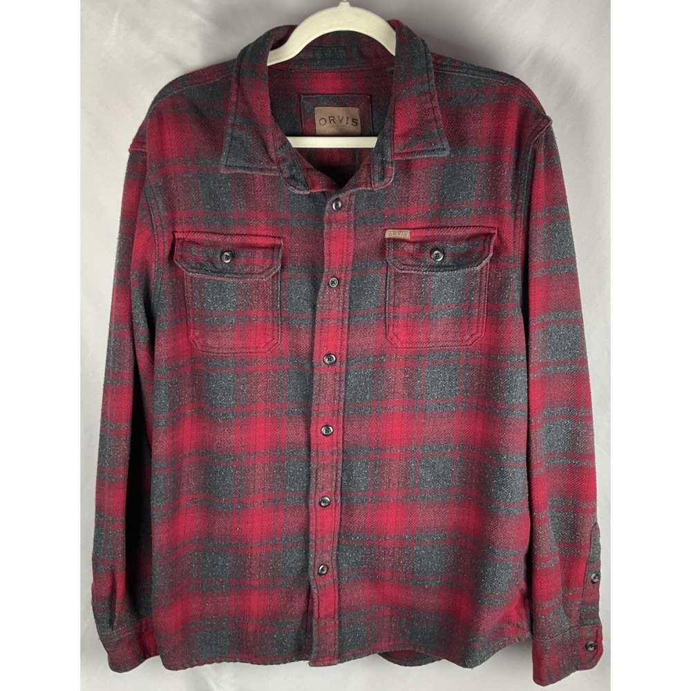 Orvis Mens Red Black Plaid XL Heavyweight Flannel Overshirt Shacket Winter Cabin